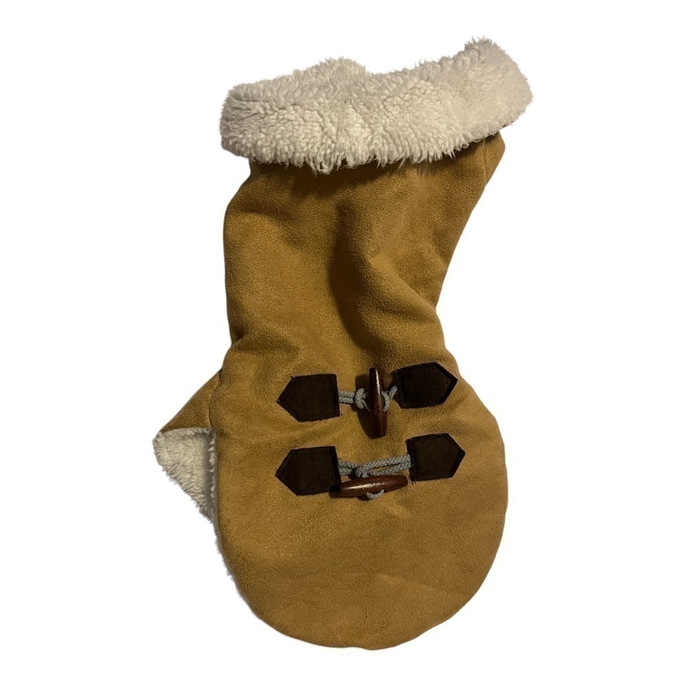 𝅺DOG coat, camel microsuede toggle button accent Sherpa lining M
